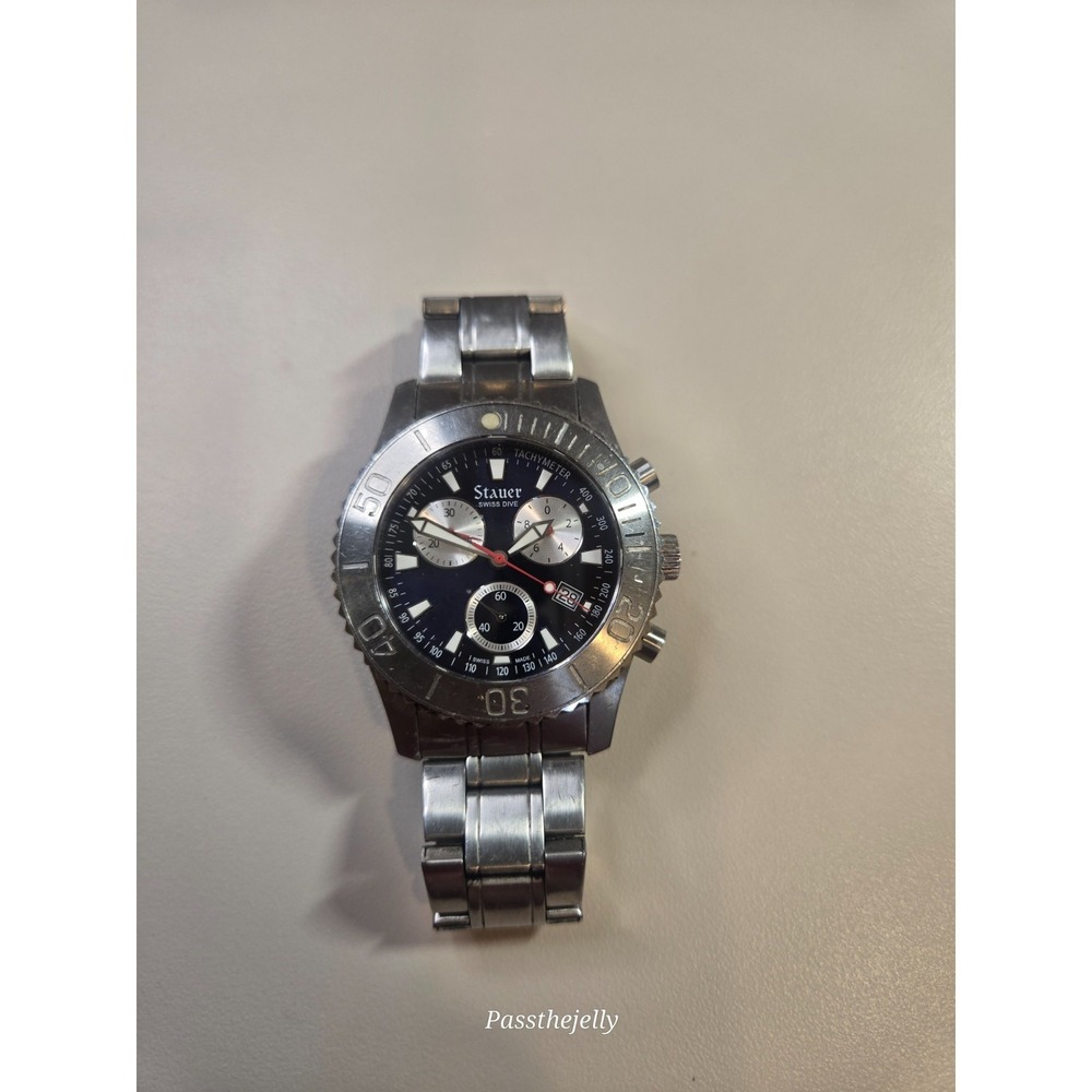 Stauer Bathos Dive Chronograph Mens Watch 47mm Black Dial Swiss Made SS